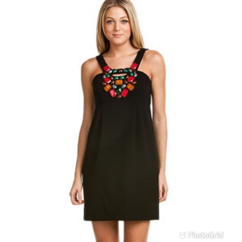 SHOSHANNA Dress Size 0 Black Mini Cocktail Sleeveless Beaded Bib Neckline Sheath